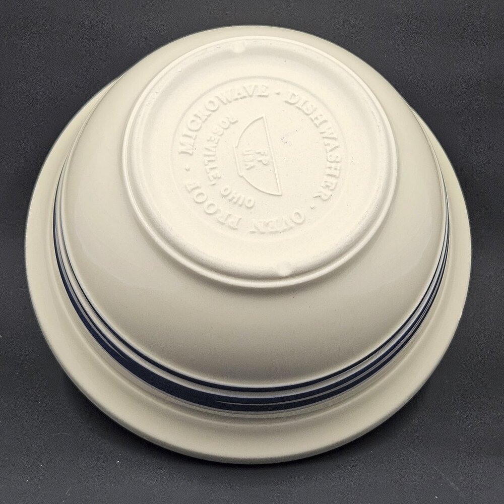 Friendship Pottery 6" Mixing Bowl Roseville Ohio 2 Blue Stripes on Cream - Picture 4 of 10